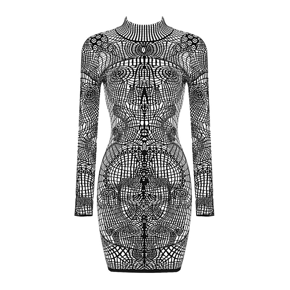 Niche Designer Brand Women's Stand Collar Long Sleeve Skinny Skirt Print Dress