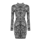 Niche Designer Brand Women's Stand Collar Long Sleeve Skinny Skirt Print Dress