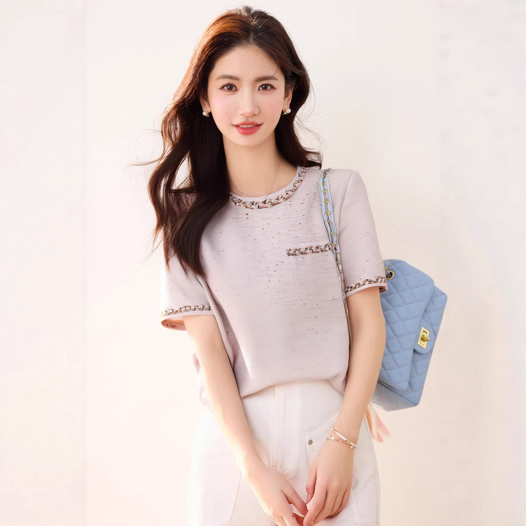 Fashionable and Elegant Lightweight Luxury Style Beaded Short Sleeve Top with Round Neck, Chic Inner Wear