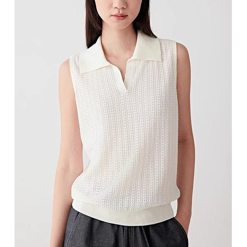 French Hollow-Out Polo Neck Knit Vest for Women, Slim Fit Sleeveless Summer Basic Top Short Upperwear