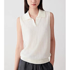 French Hollow-Out Polo Neck Knit Vest for Women, Slim Fit Sleeveless Summer Basic Top Short Upperwear