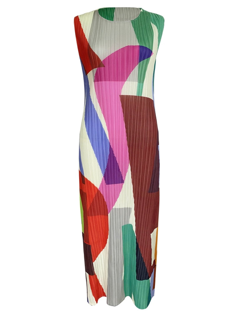 Pleated Sleeveless Square Printed Vest Long Dress Women Summer New Korean Fashion Causal Aesthetic Designer Clothes