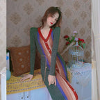 Runway Designer Dark Green Striped V-Neck Buttons Breasted Midi Knitting Dress New Fashion Autumn Winter Sweater