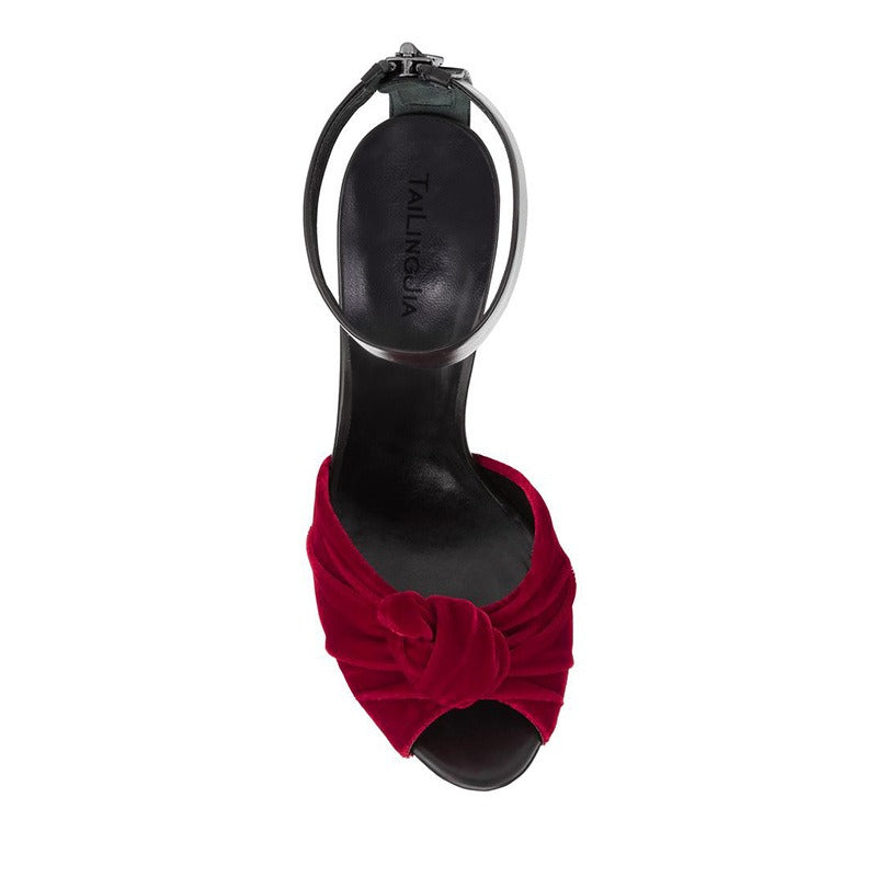 European and American Womens Red Black Velvet Knotted High Heels Sandals, Oversized Fashion Shoes