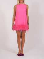 Ostrich Feather A-Line Dress Unique Design Stand Collar Sleeveless Solid Color Dress