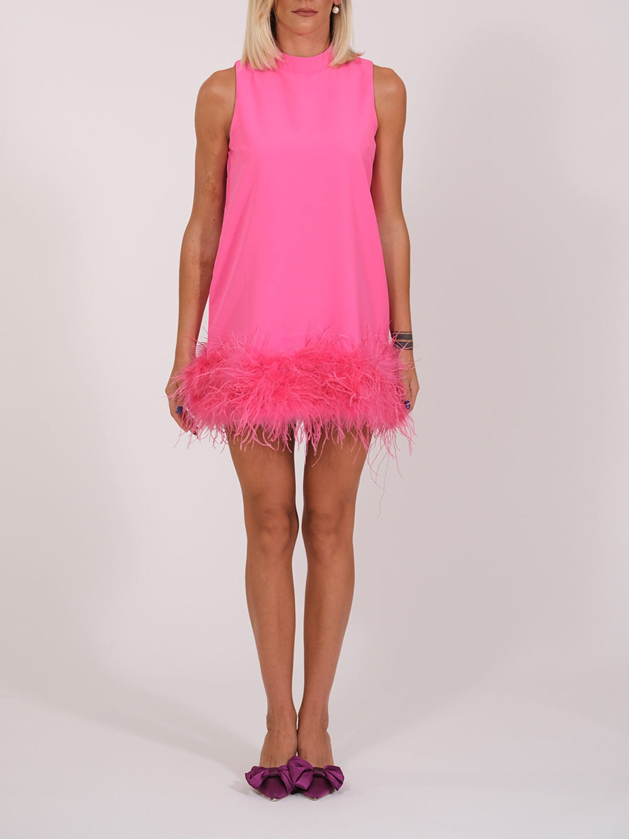 Ostrich Feather A-Line Dress Unique Design Stand Collar Sleeveless Solid Color Dress