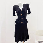 Chic Knit Dress for Women with Hollow Lace-Up Ruffle Two-Piece Design Classic Black Elegant Style