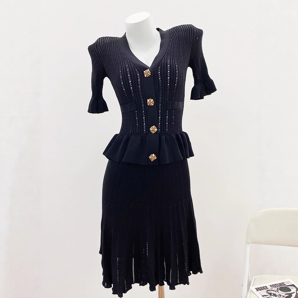 Chic Knit Dress for Women with Hollow Lace-Up Ruffle Two-Piece Design Classic Black Elegant Style