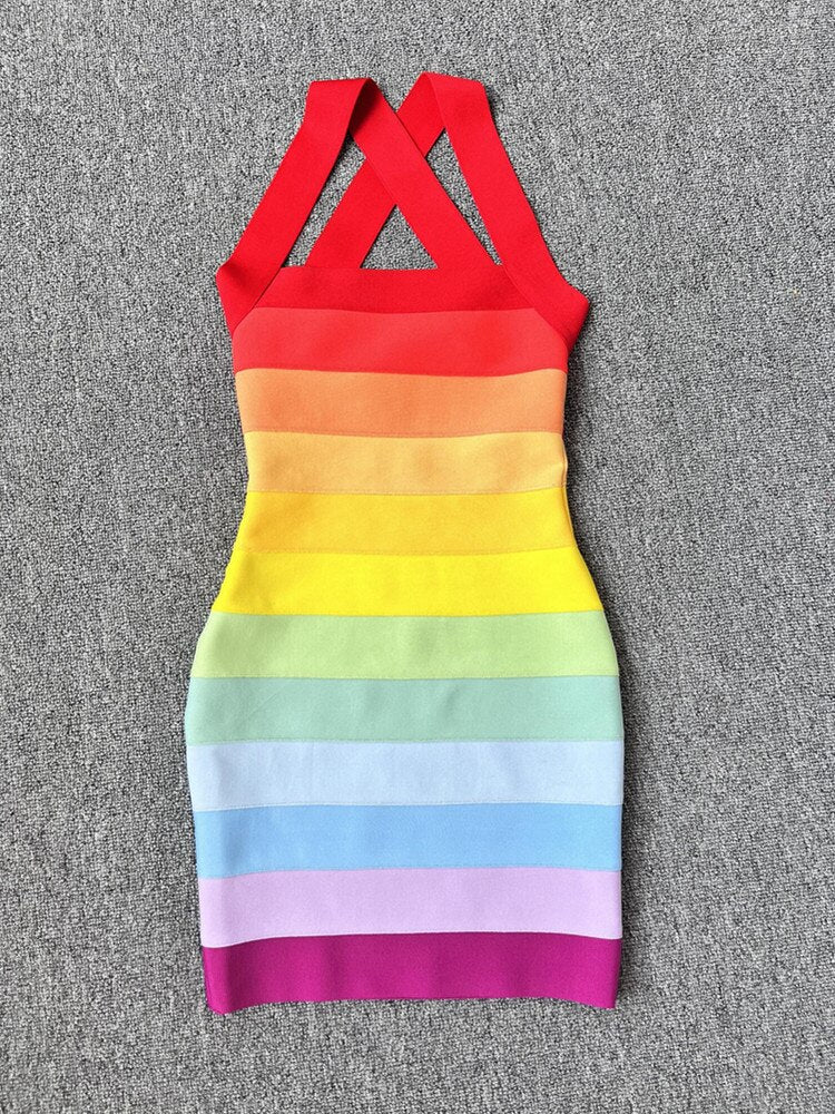 New Women Summer Sexy Backless  Gradient Striped Pink Mini Bodycon Bandage Dress Elegant Evening Party Club Dress
