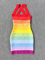New Women Summer Sexy Backless  Gradient Striped Pink Mini Bodycon Bandage Dress Elegant Evening Party Club Dress