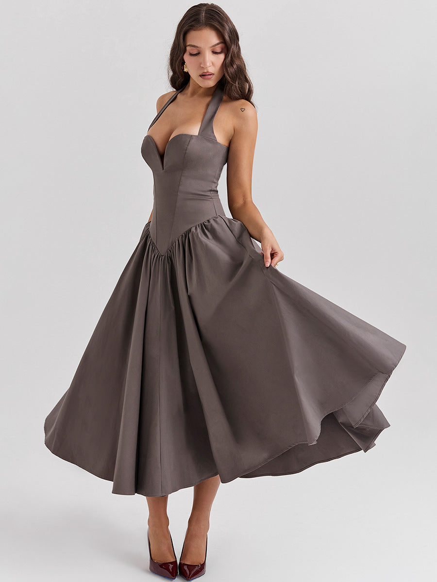V-neck backless, red mid length dress