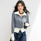 Chic  Long Sleeve Zip-Up Knit Cardigan for Women, Casual Fashion Top with Turn-Down Collar and Short Cut Design