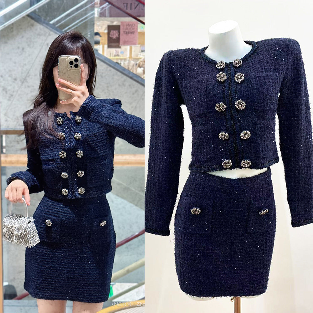 Chic Navy Blue Double-Breasted Lurex Knit Cardigan and Skirt Set