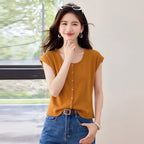 Vintage Tweed Square Neck Short Sleeve Knit Top for Women Summer Unique Elegant Gold Single Row Button Cardigan