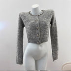 Charming Ivory White Rhinestone-Embellished Short Knit Cardigan with Round Neck Long Sleeve Sweater Top