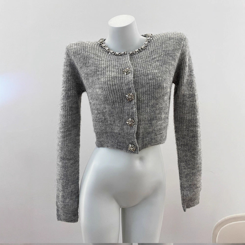 Charming Ivory White Rhinestone-Embellished Short Knit Cardigan with Round Neck Long Sleeve Sweater Top