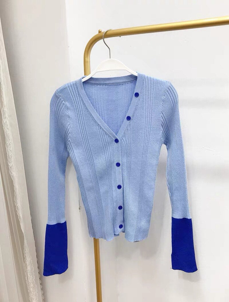 Designer Stylish Pink Patchwork V-Neck Flare Sleeve Single Breasted Slimy Tops Cardigans Knitting Buttons Casual Fashion