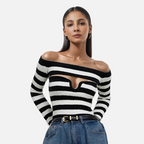 Color blocking striped sexy one shoulder knitted sweater for women spicy girl off shoulder slim fit long sleeved sweater