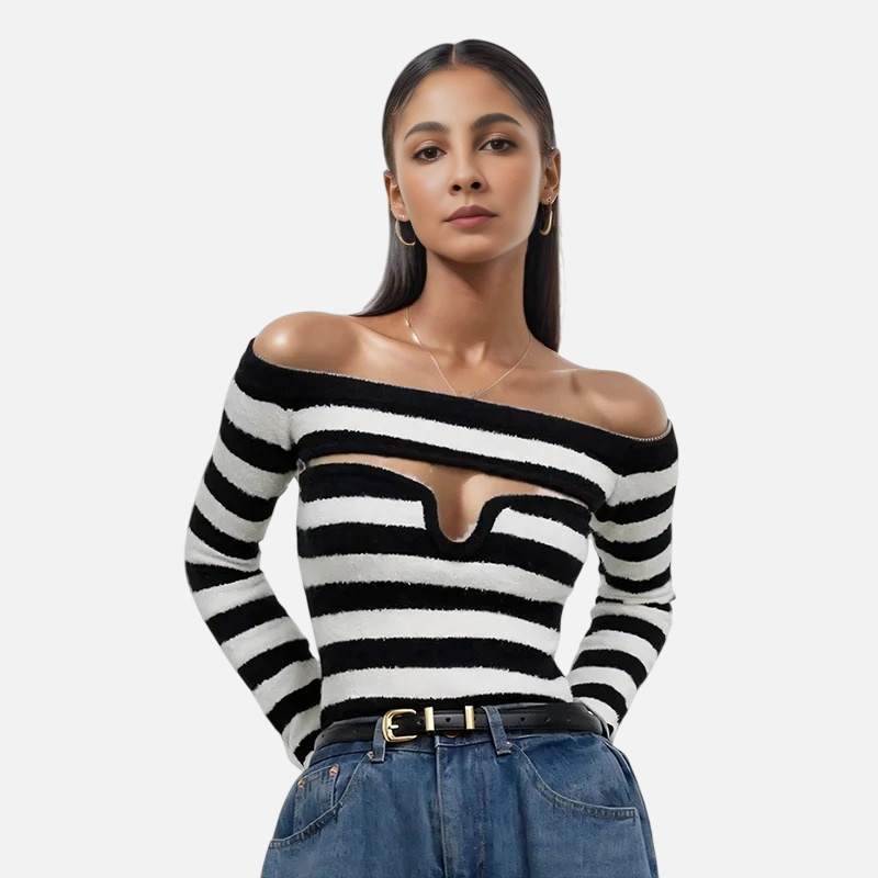 Color blocking striped sexy one shoulder knitted sweater for women spicy girl off shoulder slim fit long sleeved sweater