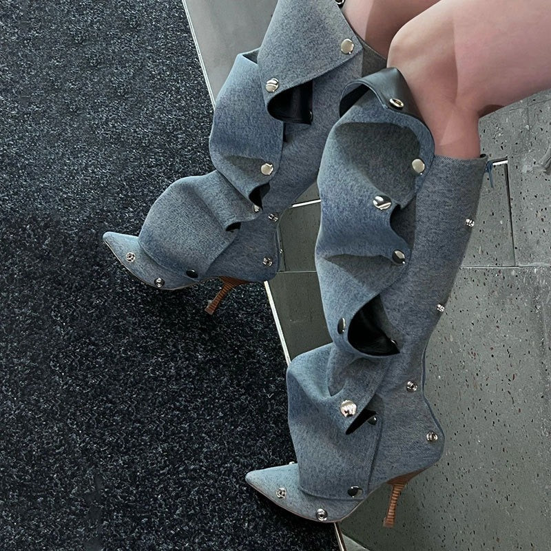 Stud Pleated Cowboy Boots Pointed Toe High Heels Blue\Brown Knee High Boots Sexy Luxury Runway Zip Shoes for Women Fall