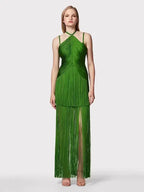 Green neckline suspender long skirt with tassel at the hem evening party dress