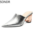 Womens Pointed Toe Leather Clear Stitching Snake Pattern Mules Crystal Heel Slippers Slides Shoes Sandals Summer Plus Size