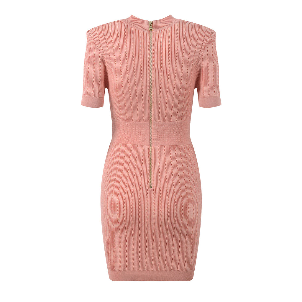 French style small fragrance metal buckle light luxury socialite temperament fashionable V-neck short sleeved slim fit knit dress