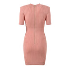 French style small fragrance metal buckle light luxury socialite temperament fashionable V-neck short sleeved slim fit knit dress