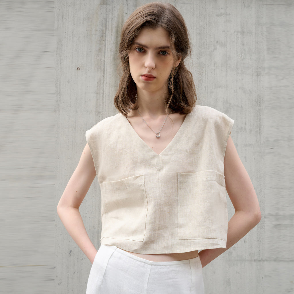 High-Grade Pure Linen V-Neck Short Top Loose Old Money Style Women's T-Shirt Sleeveless Tank Top