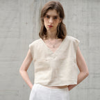 High-Grade Pure Linen V-Neck Short Top Loose Old Money Style Women's T-Shirt Sleeveless Tank Top