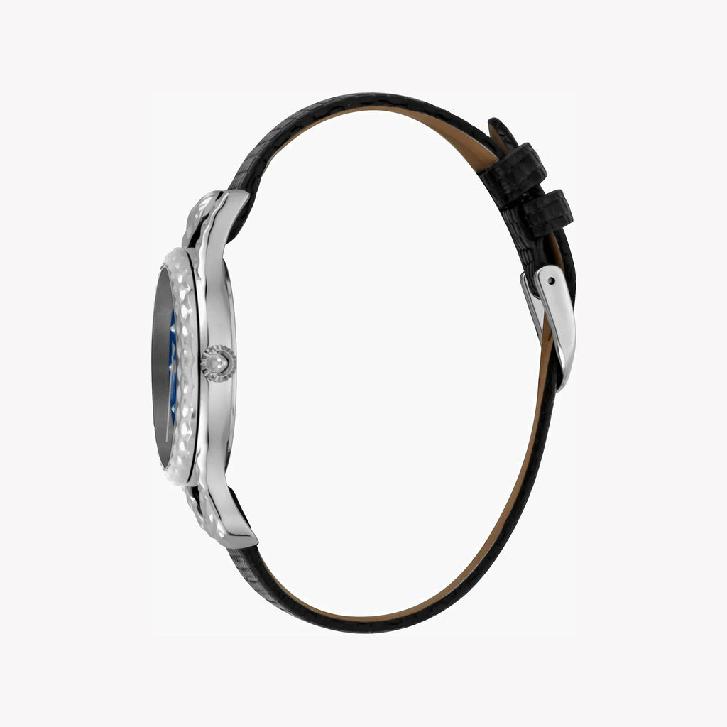 Just Cavalli Women's Black Leather Watch, Blue Dial | Jc1l125l0015