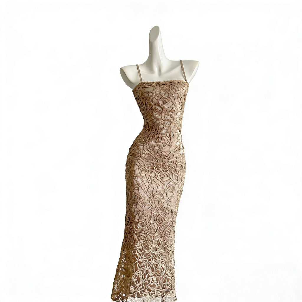 Champagne Gold Lace Cut-Out French Style Elegant Strap Dress for Women Unique Side-Slit Evening Gown, Mid-Length Dress
