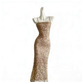 Champagne Gold Lace Cut-Out French Style Elegant Strap Dress for Women Unique Side-Slit Evening Gown, Mid-Length Dress