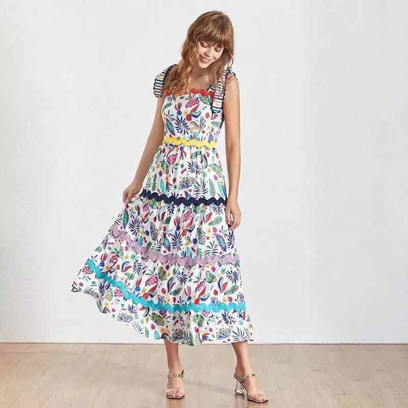 Designer Runway Summer Party Plus Size Long Dress Elegant Retro Flower Printed Spaghetti Strap Beach Dresses