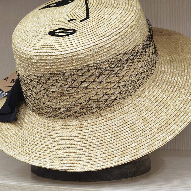 New Vintage Summer Fashion Lace Bow Wide Brim Nature Straw Sunhat Lady Korean Designer Boater Women Hats Fashionable Luxury Hat