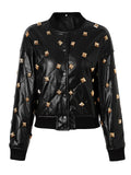 HIGH STREET Newest  Fall Winter Designer Jacket Women's Rivet Buckle Stand Collar Threaded Splicing Leather Jacket