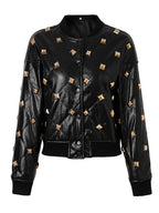 HIGH STREET Newest  Fall Winter Designer Jacket Women's Rivet Buckle Stand Collar Threaded Splicing Leather Jacket