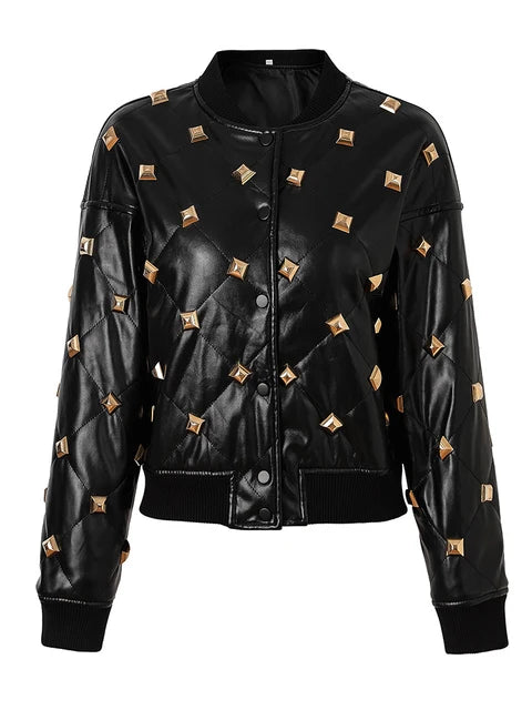 HIGH STREET Newest  Fall Winter Designer Jacket Women's Rivet Buckle Stand Collar Threaded Splicing Leather Jacket