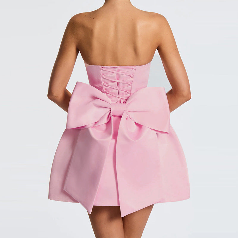 Sexy backless bow satin dress short skirt feminine dress