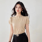 Chic Beaded Short Sleeve Knit Top for Women, Unique High Neck T-Shirt, French Style Elegant Blouse