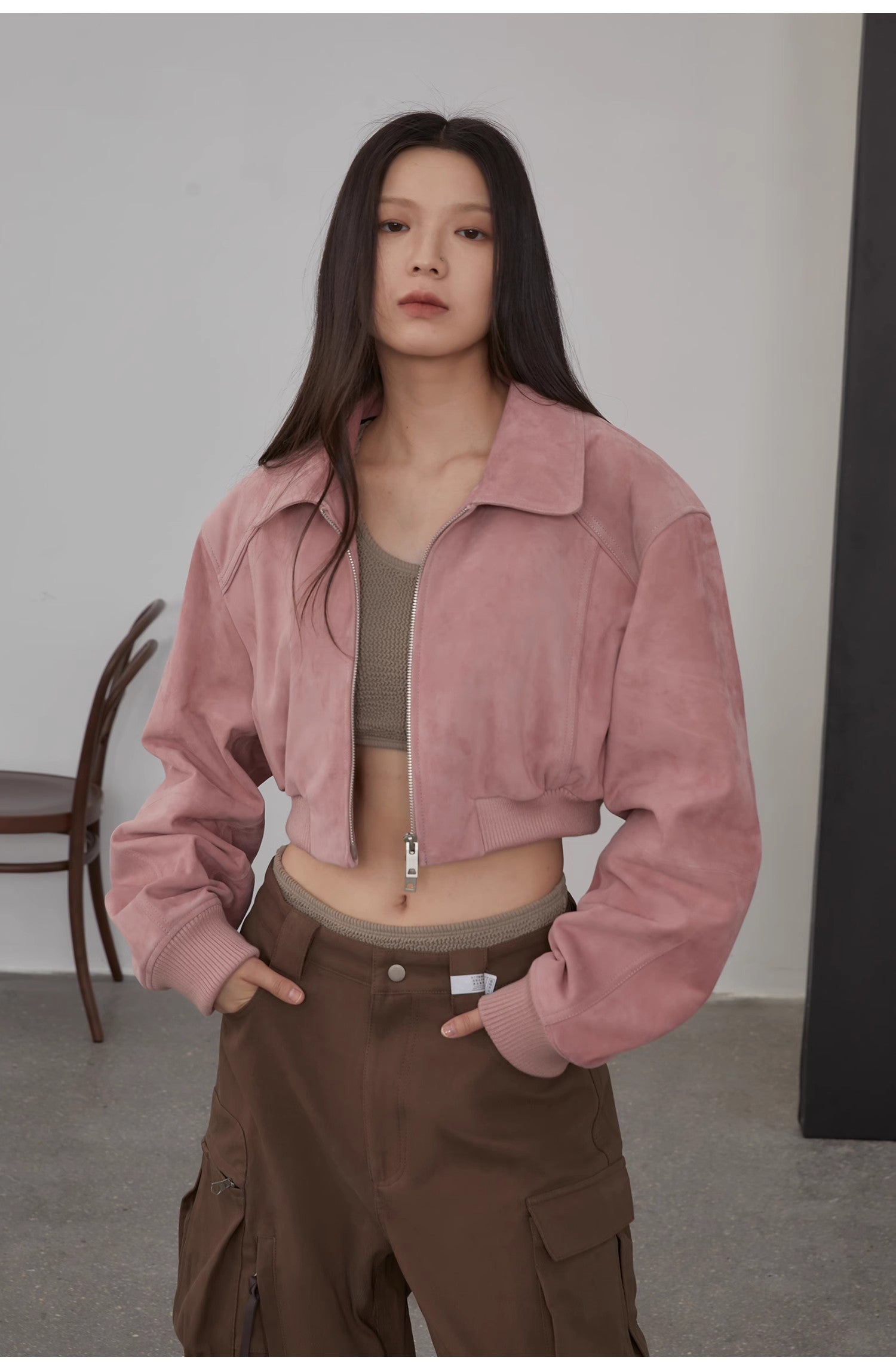 "Witch Game" Retro  Classic Stand Up Sheep Leather Short Jacket