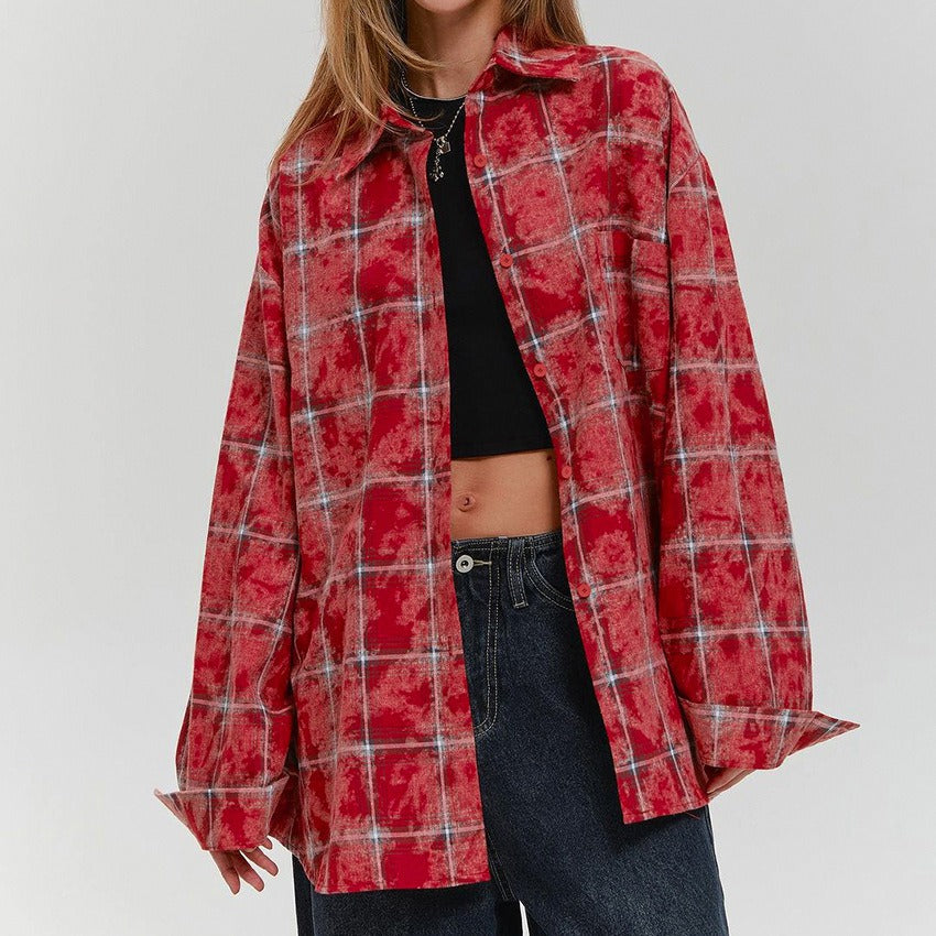 Retro Classic Cotton Red Plaid Shirt Summer New Street Head Style Old cardigan Flip Collar Commuter Shirt Women