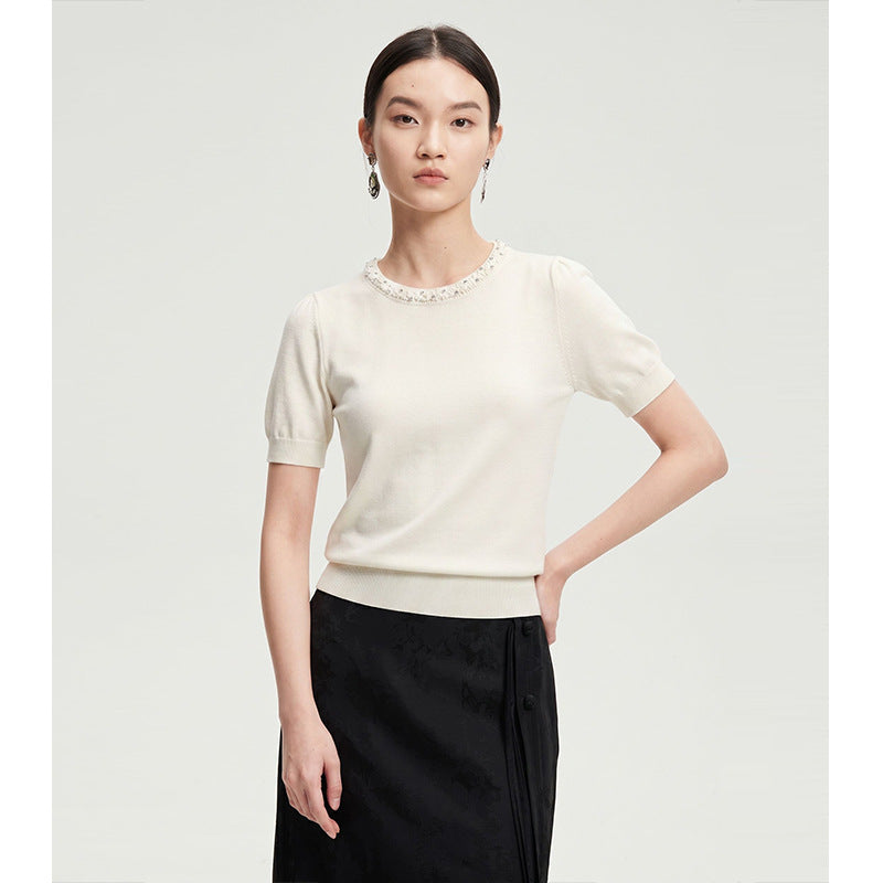 Fashion Embellished Beaded Round Neck Solid Color Knit Short Sleeve T-Shirt for Women Summer Stylish Slim Fit Top
