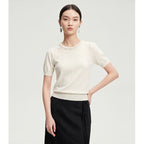 Fashion Embellished Beaded Round Neck Solid Color Knit Short Sleeve T-Shirt for Women Summer Stylish Slim Fit Top