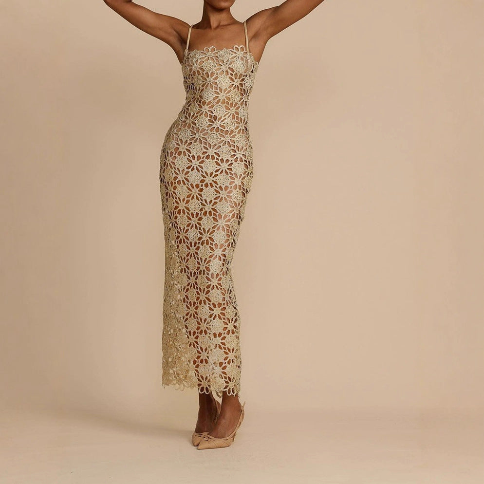 Champagne Gold Lace Cut-Out French Style Elegant Strap Dress for Women Unique Side-Slit Evening Gown, Mid-Length Dress