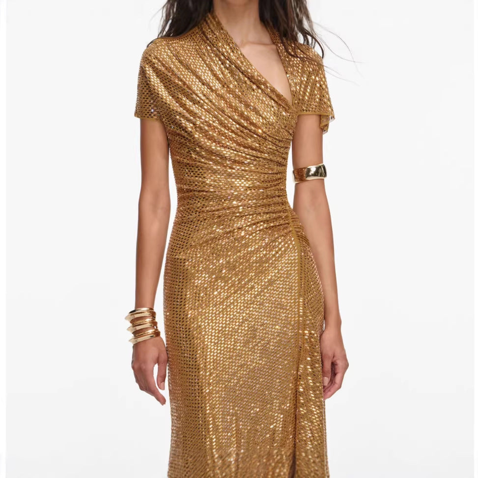 Asymmetrical Shoulder Rhinestone Sleeveless Evening Dress
