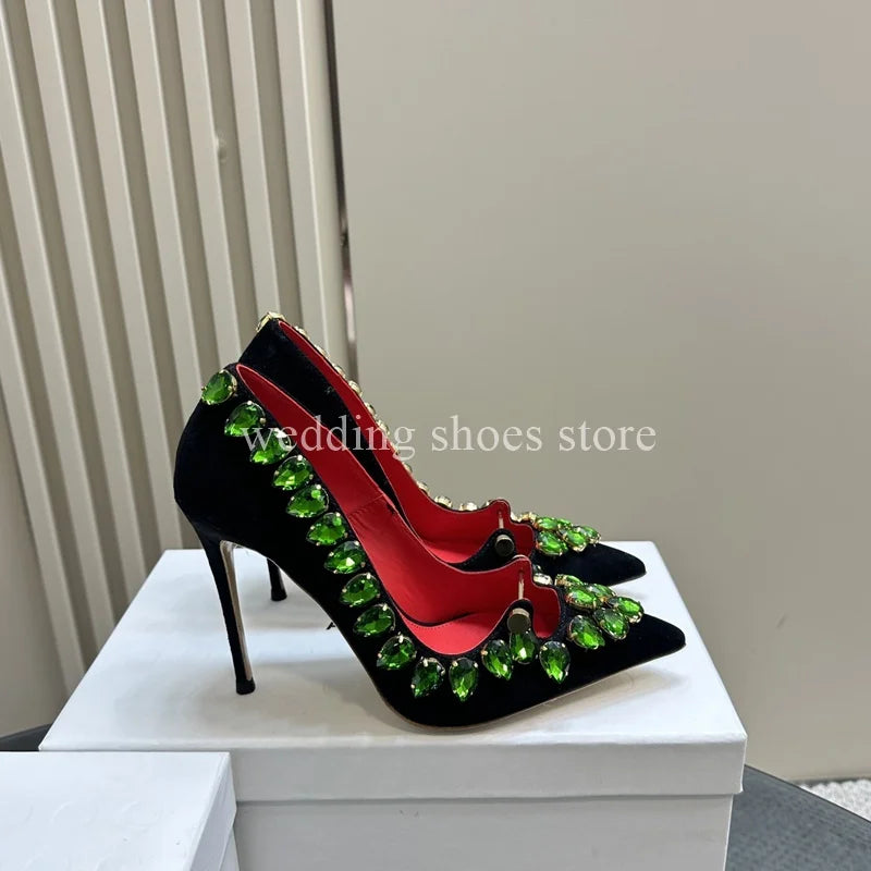 Rhinestone Heels Patent Leather Sexy Pointed Toe Shallow Mouth Black High Heels Luxury New Single Shoes Women Wedding Pumps