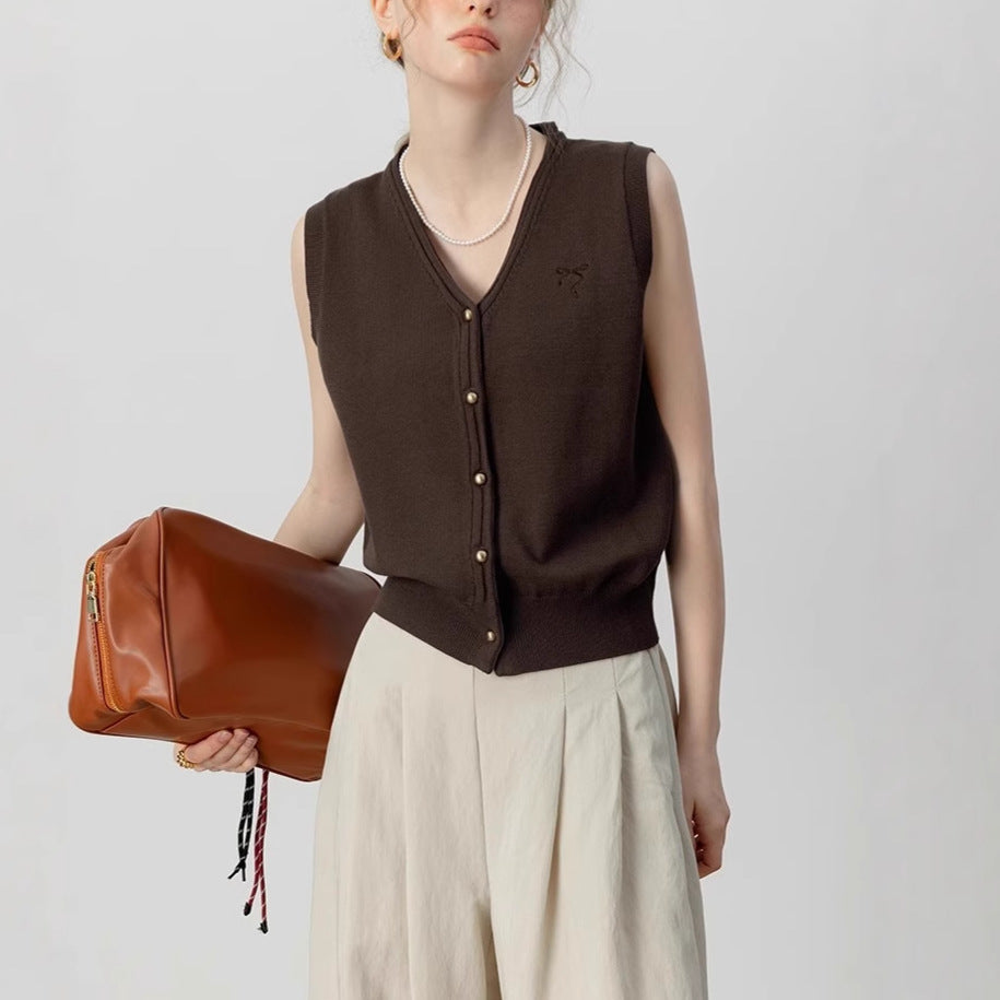 Elegant Vintage Gray V-Neck Knit Vest, Spring and Autumn Inner Layer Short Open Cardigan, Urban Style Top