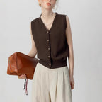 Elegant Vintage Gray V-Neck Knit Vest, Spring and Autumn Inner Layer Short Open Cardigan, Urban Style Top