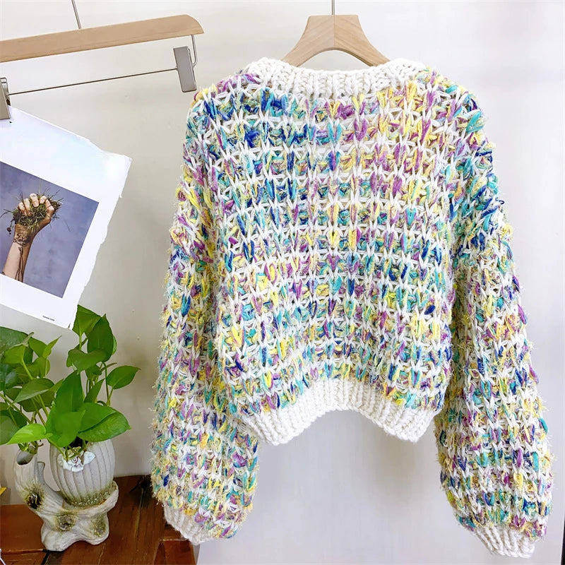 Women Multicolor Handknit Colorful V-neck Chunky Cardigan Warm Knit Sweater Top Autumn Winter New in Women Clothes